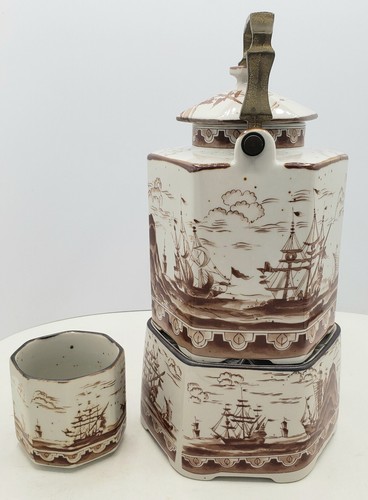 Vntg Toscony Tea Set w/ Warmer and Cup Made In Japan Old Sailing Ships Pottery - Picture 4 of 12