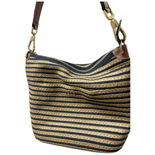 Eric Javits Women's Woven Straw Shoulder Bag Tan Black Striped Zip Top Roomy - Picture 2 of 18