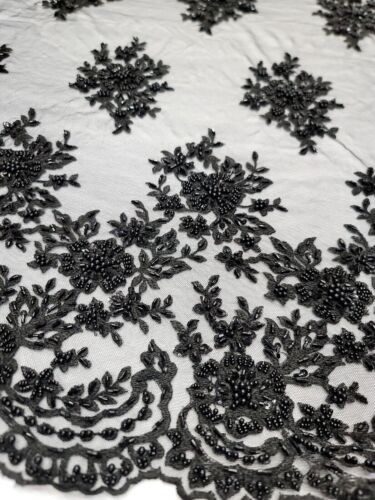 Black Lace Fabric By The Yard Embroidered Floral LACE BEADED Scalloped For Dress - Picture 2 of 11