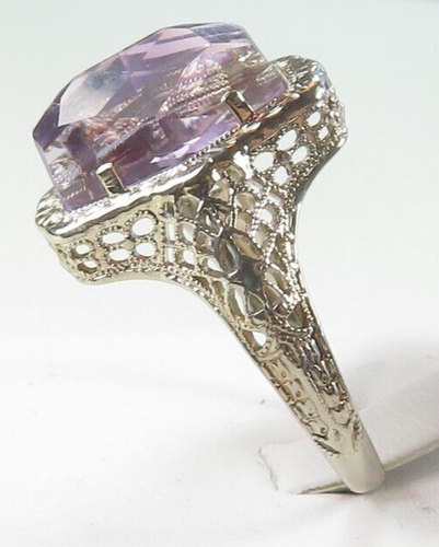 Antique 1920's Amethyst 13K White Gold Filigree Ring Size 7.25 UK-O 3CT+ Deco - Picture 6 of 16