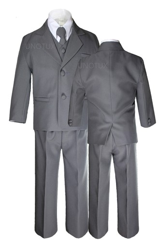 6pc Boys Kid Teen Formal Wedding Tuxedo Dark Gray Suit + a Color Necktie 5-20 - Picture 2 of 27