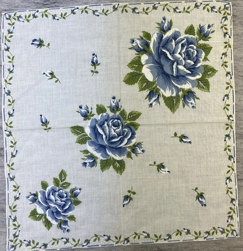 Vintage Ladies HANDKERCHIEF Blue Roses Rosebuds 14” Hanky (STAINS) - Picture 1 of 8