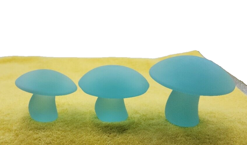 Viking Glass Mushroom Set Blue Opalescent Glass Mushrooms 3 Piece Set By Mosser - Picture 11 of 18