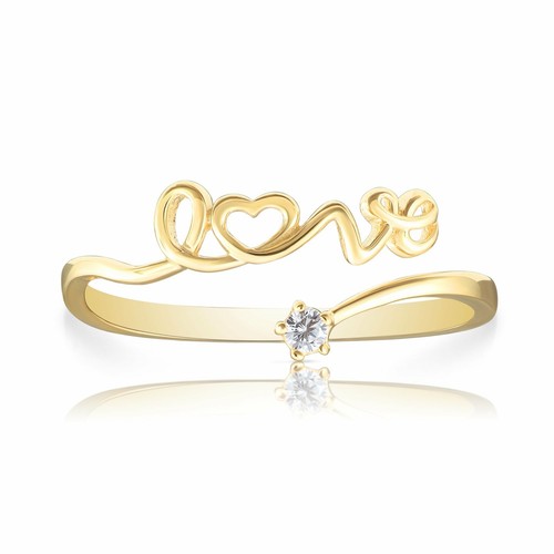 14K Real Solid Yellow Gold Solitaire CZ Dainty Script LOVE Adjustable Band Ring - Picture 25 of 30