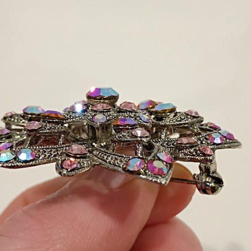 Vintage Pink Flower Rhinestone Large Flower Brooch Pin Pendant Silver Tone - Picture 9 of 12