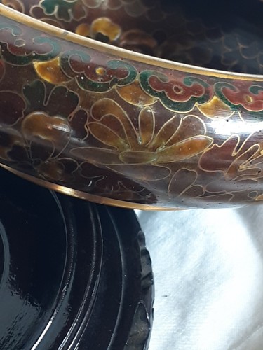 Vintage chinesische Cloisonne braun gold Emaille Schale mit geschnitztem Lack Holz Ständer - Bild 11 von 11