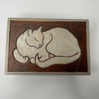 Wooden Trinket Box Sleeping Cat Carving Vintage Hinged Lid Decorative Keepsake