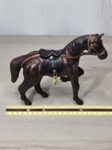Vintage Leather Covered Horse Saddled Equestrian Figurine 9.5” Tall W/Stirrups - Picture 7 of 12