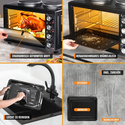 2in1 Minibackofen mit Kochplatte 3200W 36L Umluft Edelstahlofen Pizzaofen Toasto - Bild 7 von 14