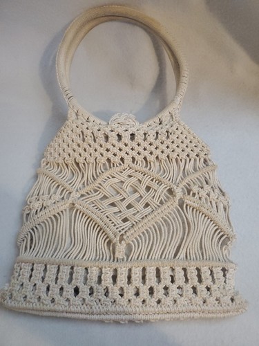 Cream Macrame Purse Tote Handbag Handle 1970's Boho - Picture 3 of 6