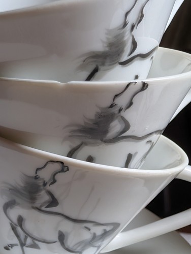 ANTIQUE Set 6 Cup Saucer Jingderzhen Porcelain Xie Ji Handpainted Horse Signed - Picture 17 of 24