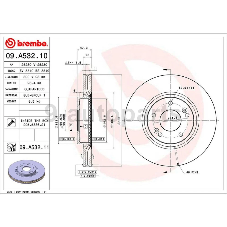 Rotores de freno de disco delanteros y traseros Brembo OE para Hyundai Sonata 2011-2015 Foto 4 de 4