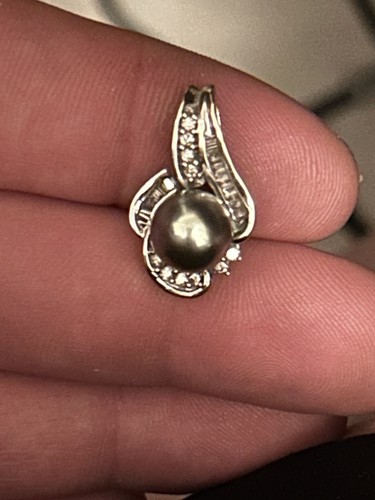 Tahiti schwarze Perle & Diamant Plättchen Charm Anhänger in 14K massiv Weißgold - Bild 2 von 11