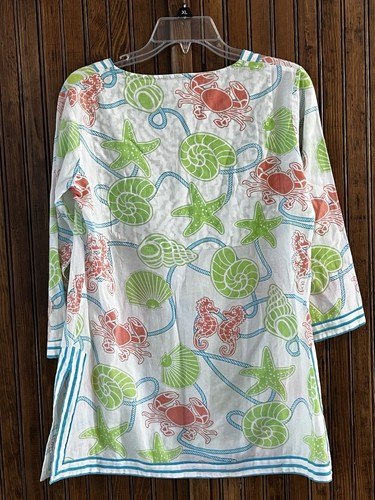 Top túnica Gretchen Scott talla S cuello en V mangas 3/4 conchas cangrejo caballito de mar blanco - Imagen 5 de 7