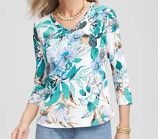 Chico's Floral Pima V Neck 3/4 Sleeve Tee Turquoise White Multi  SZ 3 NWOT