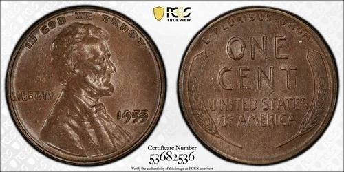 1955 LINCOLN WHEAT CENT DOUBLED DIE OBVERSE PCGS AU 55 GLOSSY RICH CHOCOLATE
