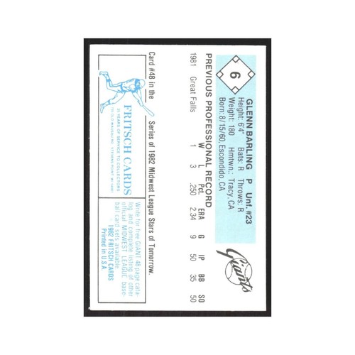 1982 Fritsch Minor League Glenn Barling Clinton Giants #6.0 - Picture 2 of 3