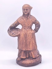 Vintage Folk Art Woman Figurine ? Basket of Fish?Wood-Effect Composite ? Rustick