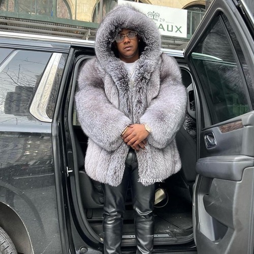 Invierno Hombres Abrigo con Capucha de Piel de Zorro Plateado Real Chaqueta de Piel Genuina Esponjosa Gruesa Prendas de Aire - Imagen 5 de 23