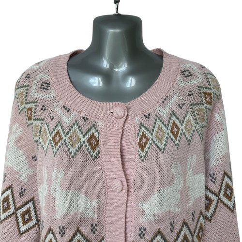 Forever 21 Cardigan Sweater Fair Isle Rabbit Pink White Tan Women's Plus Size 1X - Picture 3 of 10