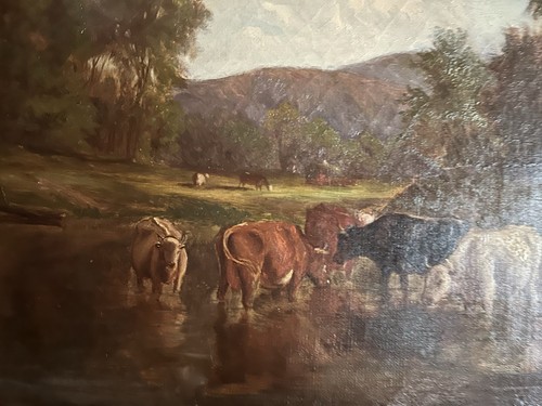 ANTIQUE 1800’S COWS IN POND OIL PAINTING - Picture 4 of 9