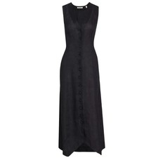 Doen Allene Linen Button V-Neck Tie Back Sleeveless Midi Maxi Dress Black