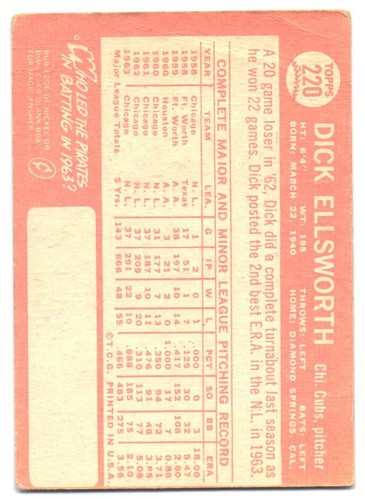 1964 Topps Dick Ellsworth #220 - Picture 2 of 2