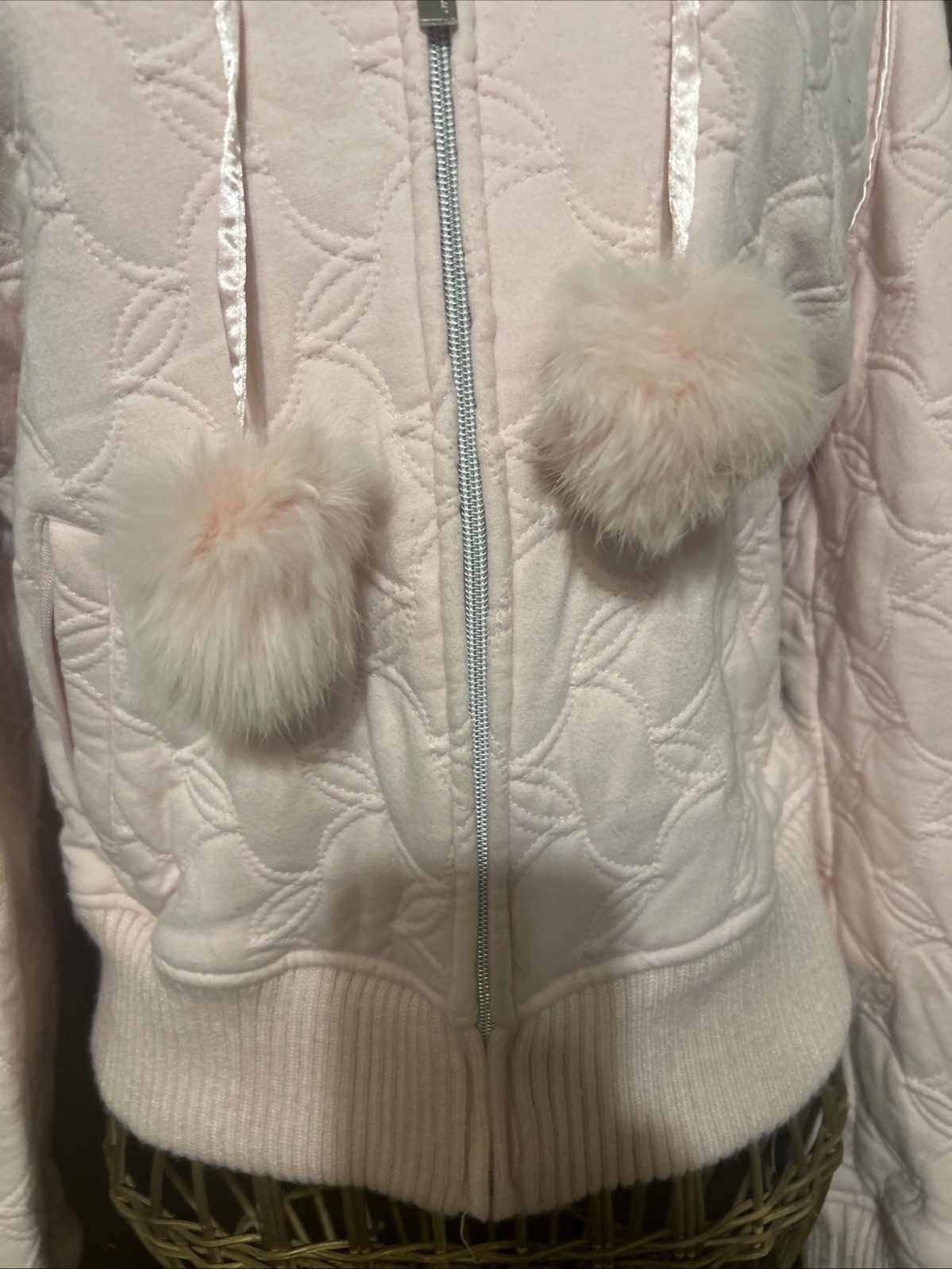 Vintage Pink Rabbit Fur Coat Quilted Size M Hooded Pom Pom’s Blush RARE! Bebe image 6