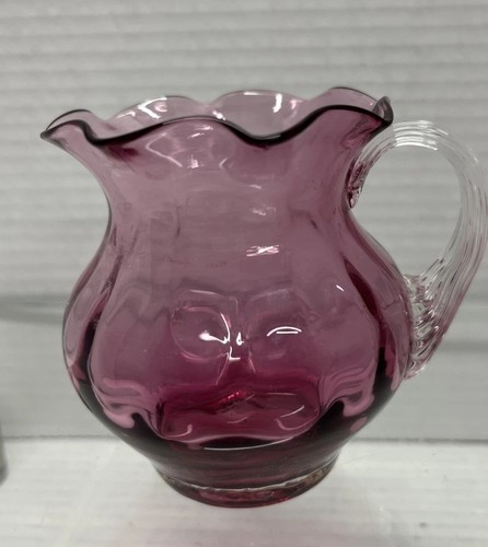 Small Ribbed Blown Glass Pitcher Cranberry Applied Clear Handle Ruffled Top 3.5” - Picture 1 of 7