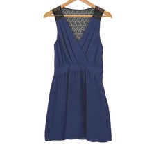 Unbranded Navy Blue Lace Back Mini Dress Women's Small Chiffon V-Neck Pockets
