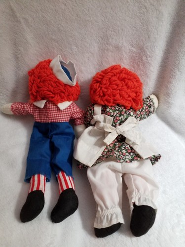 Dolls Raggedy Ann & Andy Cloth 12" Boy Girl Rag Doll Pair Orange Yarn Hair VTG - Picture 7 of 10