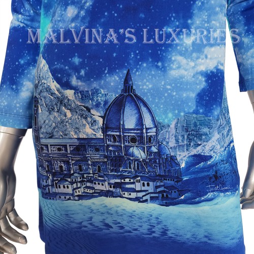 JUST CAVALLI BY ROBERTO CAVALLI DRESS FANTASY CITYSCAPE BLUE PRINTED sz 40 4 - Picture 4 of 13
