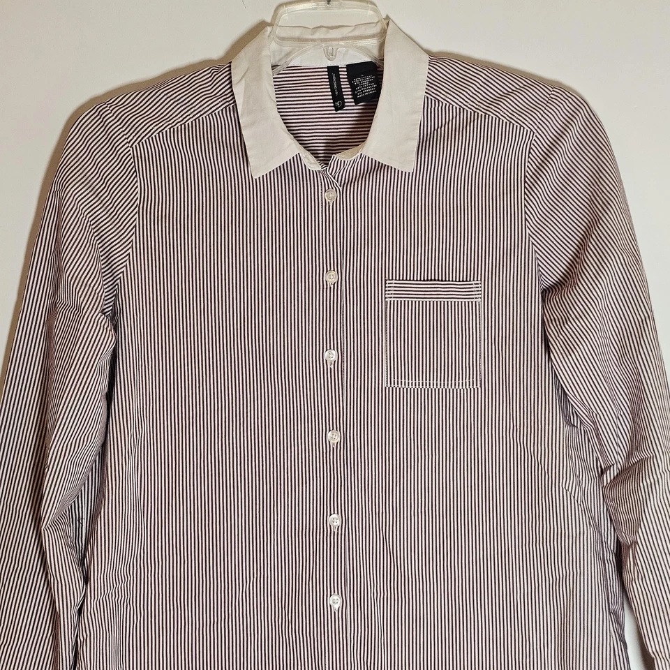 Рубашка женская New Directions большая белая бордовая в полоску на пуговицах с длинным рукавом - Изображение 2 из 4