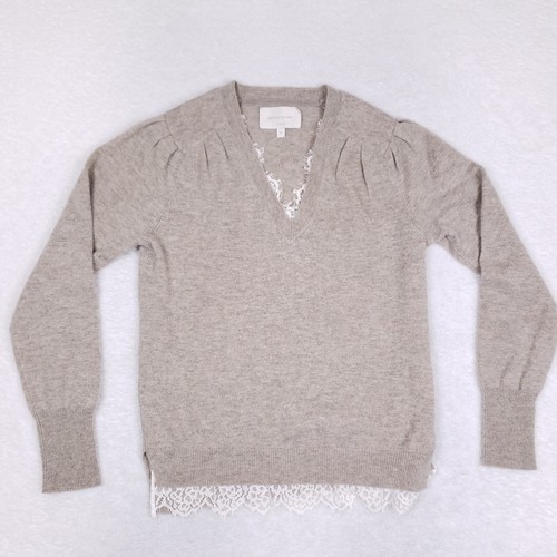 Brochu Walker Wool Cashmere Sweater M Beige Lace Hem Quiet Luxury Minimalist
