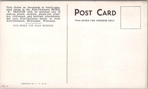 c1950s ALLIS-CHALMERS TRACTORS Advertising Postcard "MODEL B TRACTOR" Unused - Imagen 2 de 2