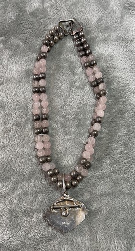 Vintage Sterling Silver Pendant Necklace Rose Quartz Stone !  Signed !! No Scrap - Picture 8 of 13