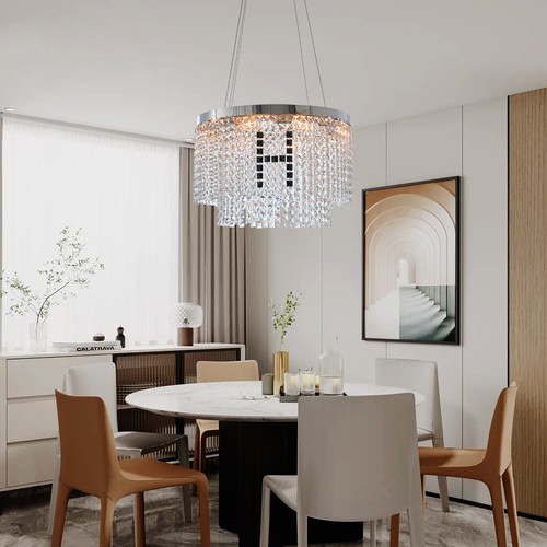 24" Modern Crystal Chandelier Light Chrome Round 2-Tier Pendant Ceiling Fixture - Picture 5 of 10