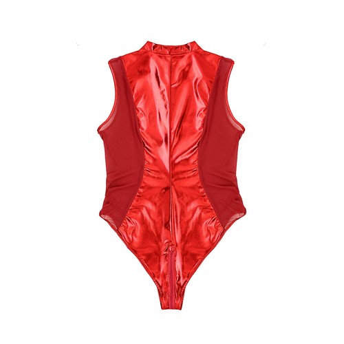 Women's Shiny Metallic Bodysuit Double Zipper Leotard Mesh Leather Jumpsuit - Picture 14 of 37