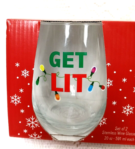 Set of 2 HOLIDAY PARTY Stemless Wine Glasses 20oz GET LIT Christmas NEW YEARS - Picture 2 of 7