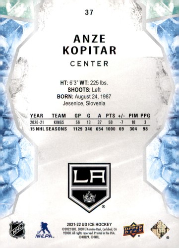 2021-22 Upper Deck Ice #37 Anze Kopitar - Picture 2 of 2