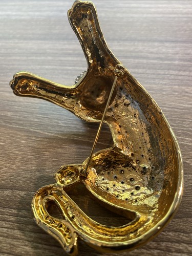 Spilla sciarpa spalla grande gatto tigre strass occhi verdi tono oro rara - Foto 3 di 13