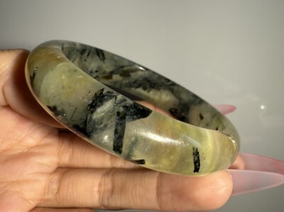 Natural Shamanic Healing Bangle - Prehnite with Black Tourmaline/ Africa Heart