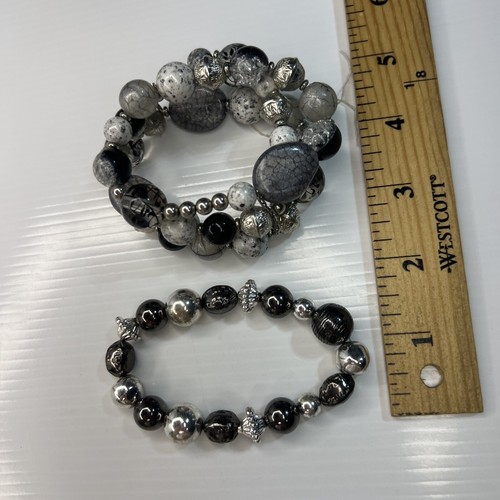 Lot Grey Silver Black Resin Acrylic Beaded Boho Hippie Stretch Retro Bracelets - Picture 2 of 7