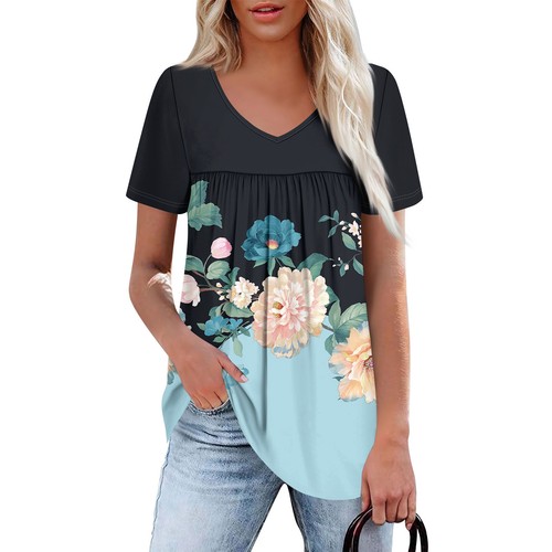 Women's Casual V-Neck Short Sleeve Chest Ruffle Printed Top - Picture 31 of 36