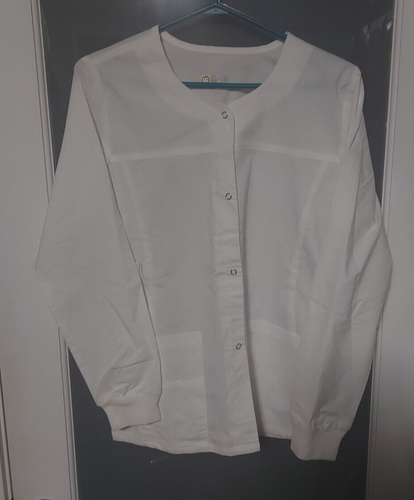 WonderWink WonderFlex Women White Scrub Top Long Sleeve Button Snap Sz XS