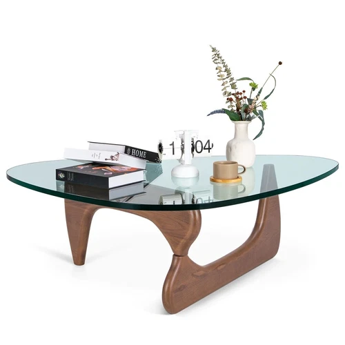 Mid-Century 0.8" Thicken Glass Coffee Table Noguchi Table Solid Wood Base Walnut