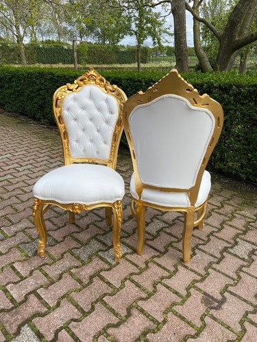 Dining Chairs Italian Baroque Set of 2 Gold Leaf Carved Upholstered Elegant - Picture 13 of 24