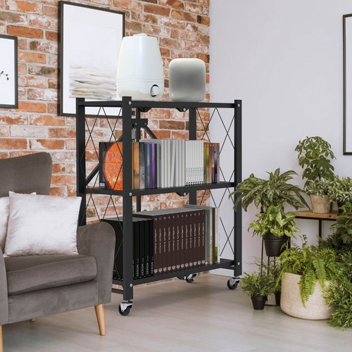 Collapsible 3-Tier Metal Rack Storage Shelves with Wheels Kitchen Organizer NEW - Picture 14 of 14