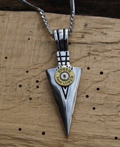 Heavy Stainless Steel Arrow Necklace with 9 mm Bullet Casing. Optional Crystal. - Picture 2 of 8