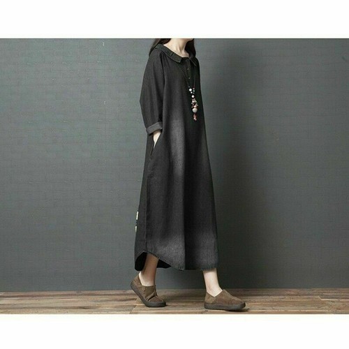 Damen Denim Midikleid Baumwolle Ethno Bluse Langarm Locker Freizeit Retro - Bild 7 von 8